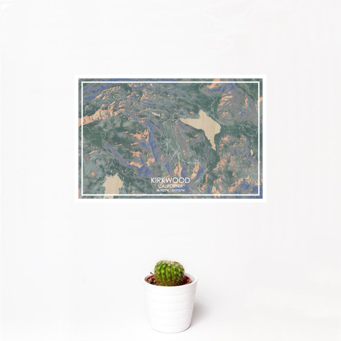 12x18 Kirkwood California Map Print Landscape Orientation in Afternoon Style With Small Cactus Plant in White Planter