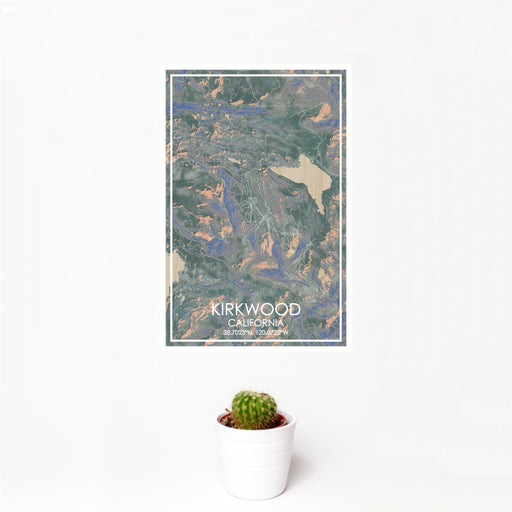 12x18 Kirkwood California Map Print Portrait Orientation in Afternoon Style With Small Cactus Plant in White Planter