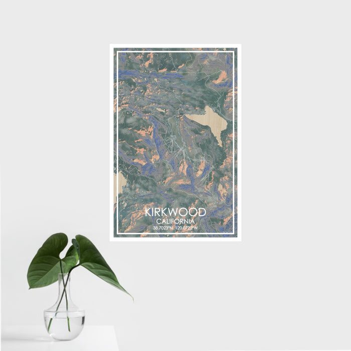 16x24 Kirkwood California Map Print Portrait Orientation in Afternoon Style With Tropical Plant Leaves in Water