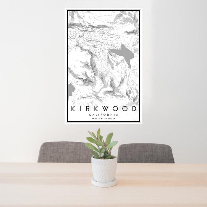 24x36 Kirkwood California Map Print Portrait Orientation in Classic Style Behind 2 Chairs Table and Potted Plant