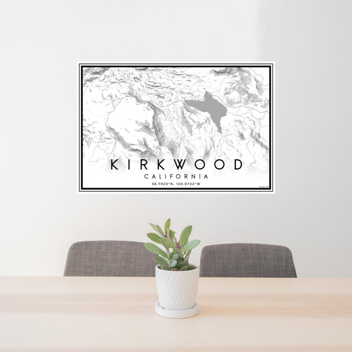 24x36 Kirkwood California Map Print Landscape Orientation in Classic Style Behind 2 Chairs Table and Potted Plant