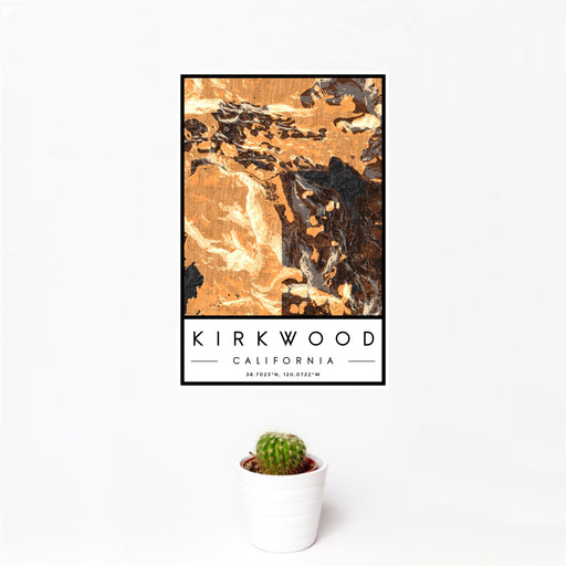 12x18 Kirkwood California Map Print Portrait Orientation in Ember Style With Small Cactus Plant in White Planter