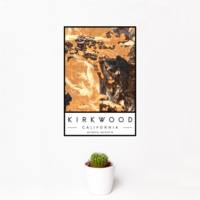 12x18 Kirkwood California Map Print Portrait Orientation in Ember Style With Small Cactus Plant in White Planter