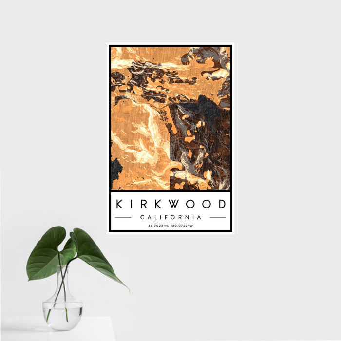16x24 Kirkwood California Map Print Portrait Orientation in Ember Style With Tropical Plant Leaves in Water