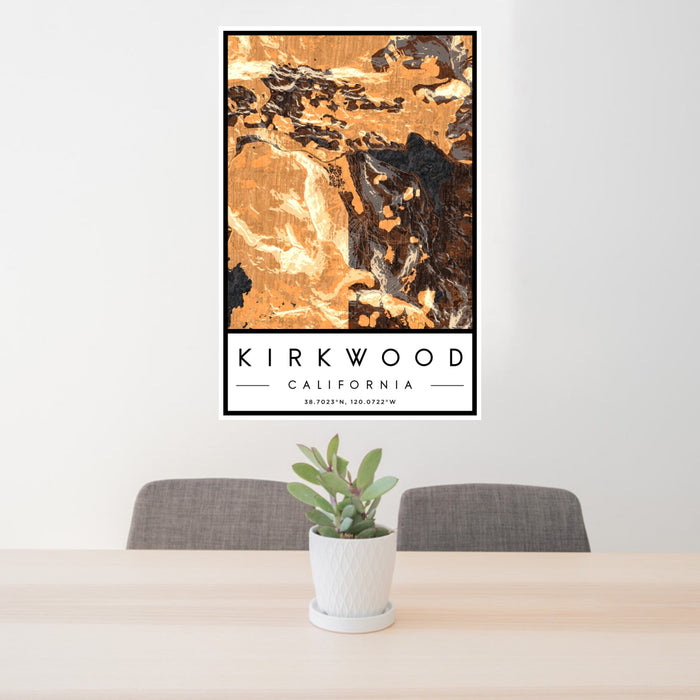 24x36 Kirkwood California Map Print Portrait Orientation in Ember Style Behind 2 Chairs Table and Potted Plant