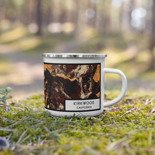 Right View Custom Kirkwood California Map Enamel Mug in Ember on Grass With Trees in Background