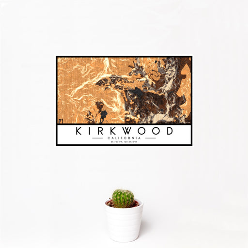 12x18 Kirkwood California Map Print Landscape Orientation in Ember Style With Small Cactus Plant in White Planter