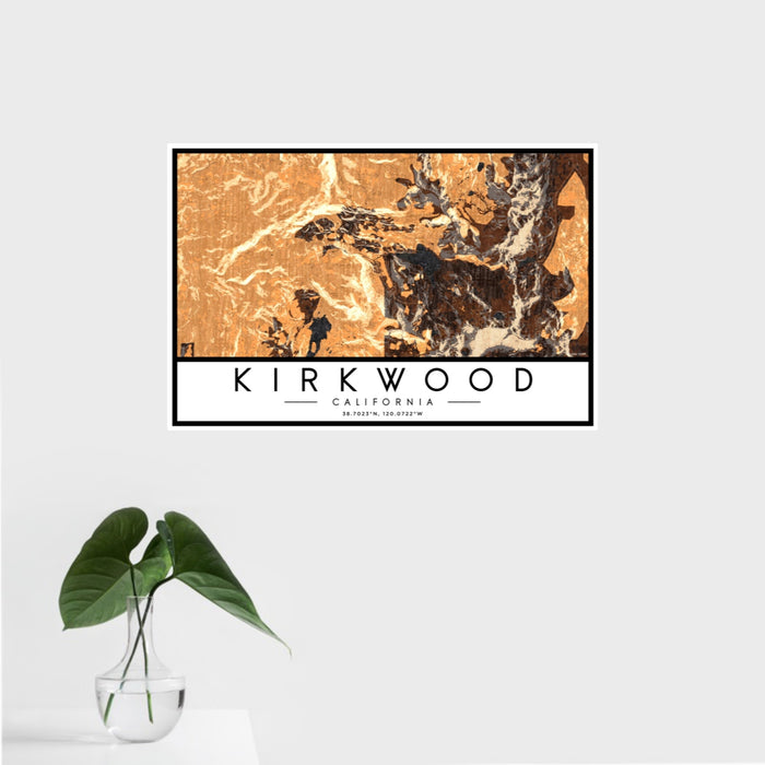 16x24 Kirkwood California Map Print Landscape Orientation in Ember Style With Tropical Plant Leaves in Water