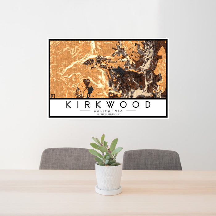 24x36 Kirkwood California Map Print Landscape Orientation in Ember Style Behind 2 Chairs Table and Potted Plant