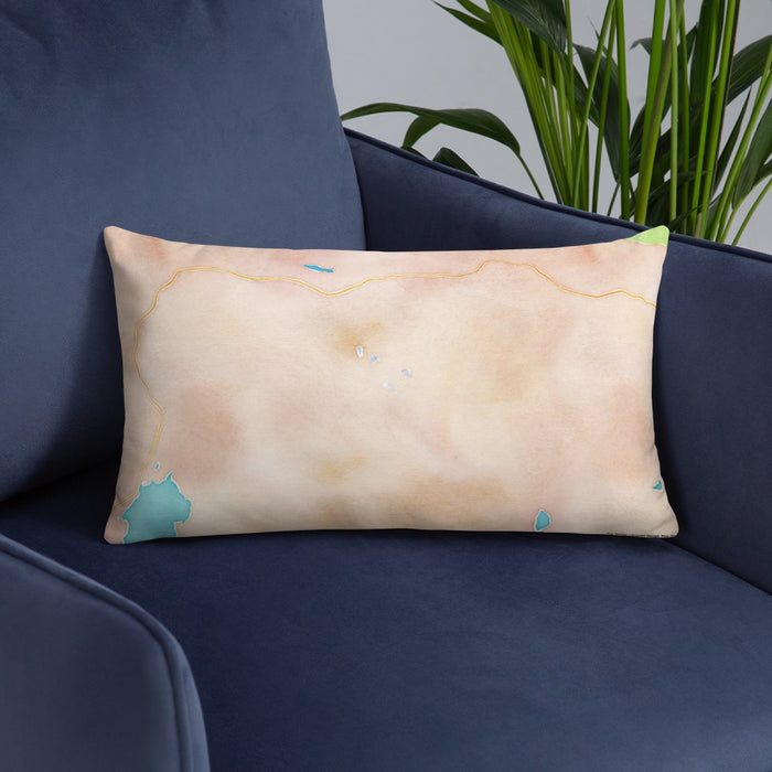 Custom Kirkwood California Map Throw Pillow in Watercolor on Blue Colored Chair