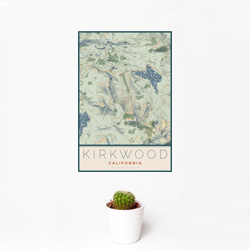 12x18 Kirkwood California Map Print Portrait Orientation in Woodblock Style With Small Cactus Plant in White Planter