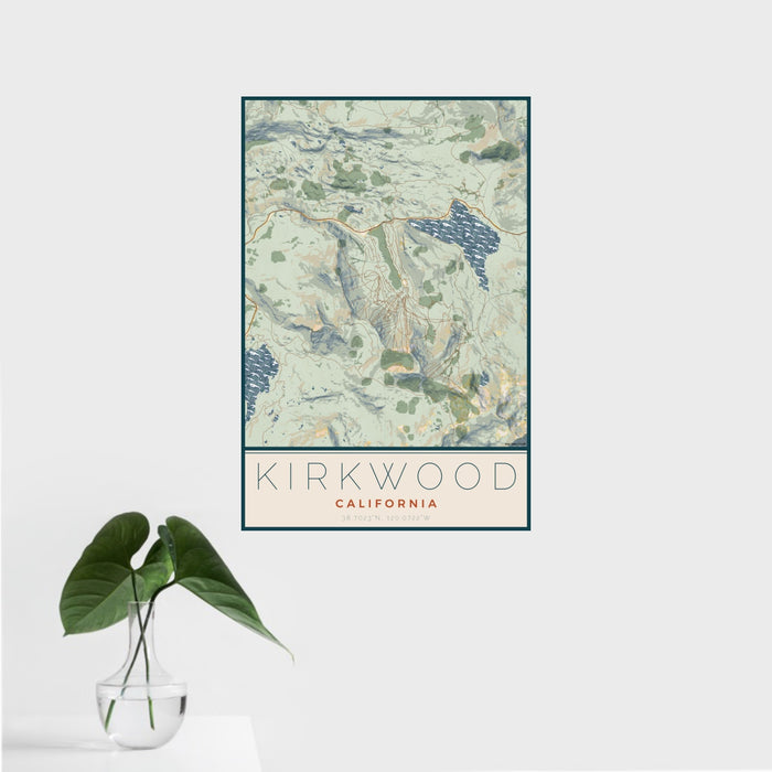 16x24 Kirkwood California Map Print Portrait Orientation in Woodblock Style With Tropical Plant Leaves in Water