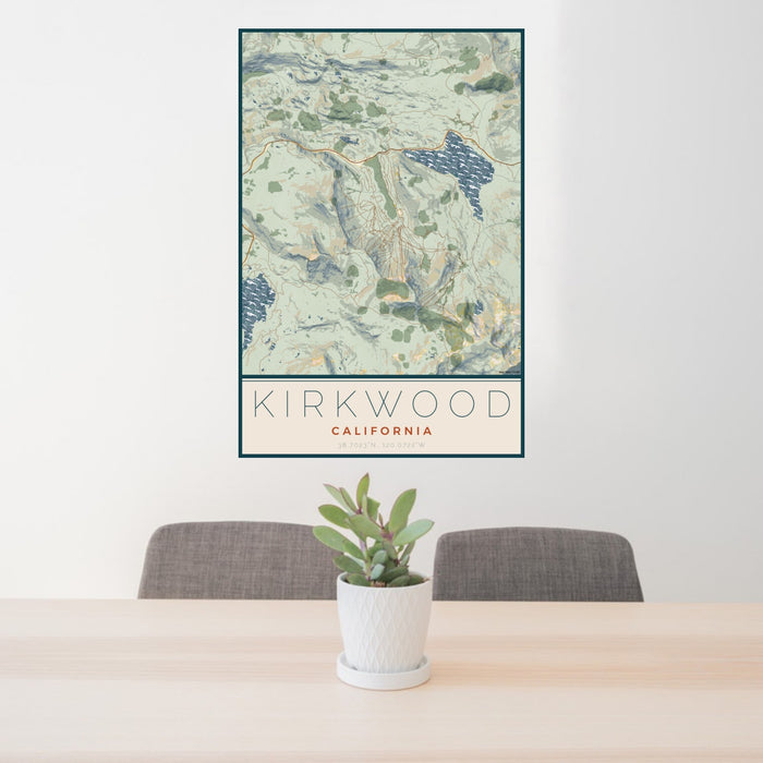 24x36 Kirkwood California Map Print Portrait Orientation in Woodblock Style Behind 2 Chairs Table and Potted Plant