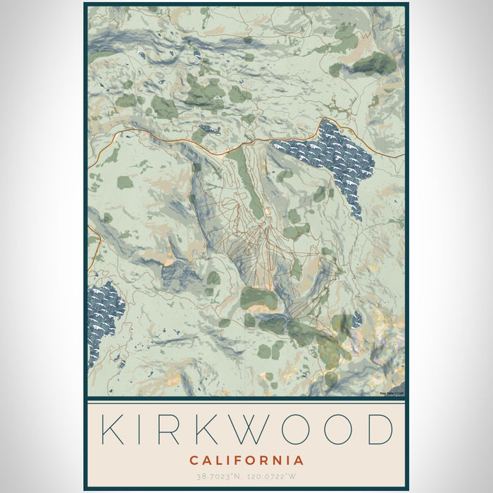 Kirkwood California Map Print Portrait Orientation in Woodblock Style With Shaded Background