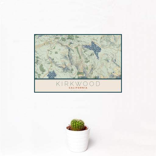 12x18 Kirkwood California Map Print Landscape Orientation in Woodblock Style With Small Cactus Plant in White Planter