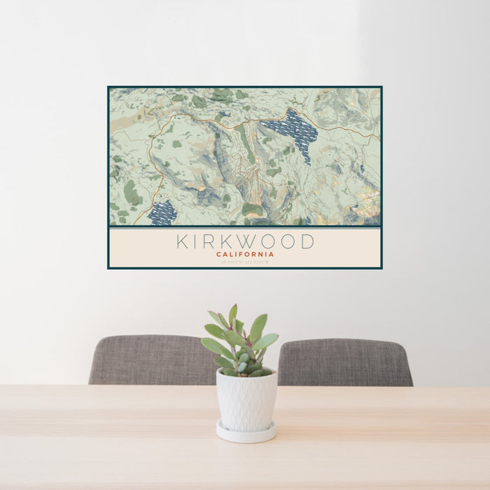 24x36 Kirkwood California Map Print Landscape Orientation in Woodblock Style Behind 2 Chairs Table and Potted Plant