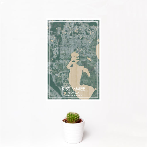 12x18 Kissimmee Florida Map Print Portrait Orientation in Afternoon Style With Small Cactus Plant in White Planter