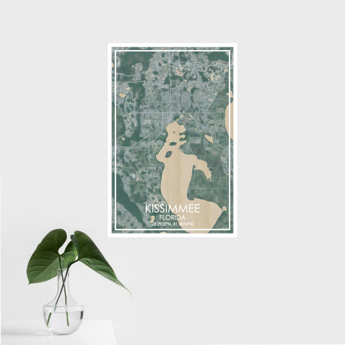16x24 Kissimmee Florida Map Print Portrait Orientation in Afternoon Style With Tropical Plant Leaves in Water
