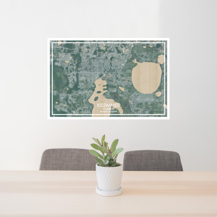 24x36 Kissimmee Florida Map Print Lanscape Orientation in Afternoon Style Behind 2 Chairs Table and Potted Plant