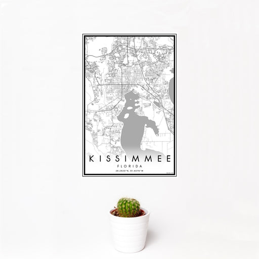12x18 Kissimmee Florida Map Print Portrait Orientation in Classic Style With Small Cactus Plant in White Planter