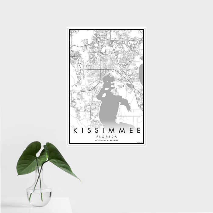 16x24 Kissimmee Florida Map Print Portrait Orientation in Classic Style With Tropical Plant Leaves in Water