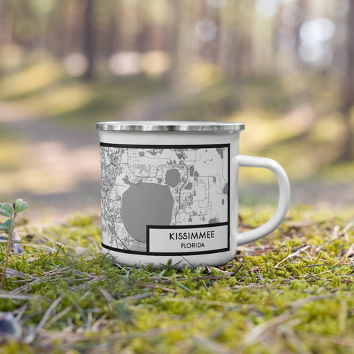 Right View Custom Kissimmee Florida Map Enamel Mug in Classic on Grass With Trees in Background