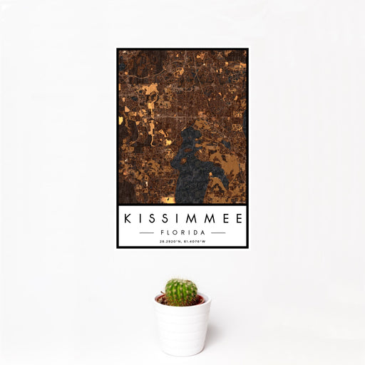 12x18 Kissimmee Florida Map Print Portrait Orientation in Ember Style With Small Cactus Plant in White Planter