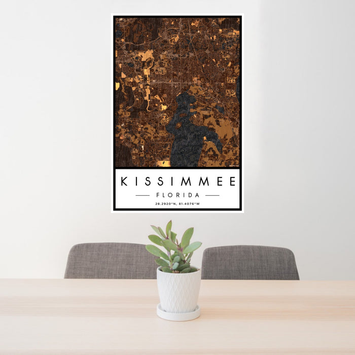 24x36 Kissimmee Florida Map Print Portrait Orientation in Ember Style Behind 2 Chairs Table and Potted Plant
