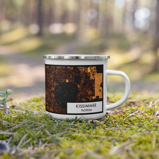 Right View Custom Kissimmee Florida Map Enamel Mug in Ember on Grass With Trees in Background