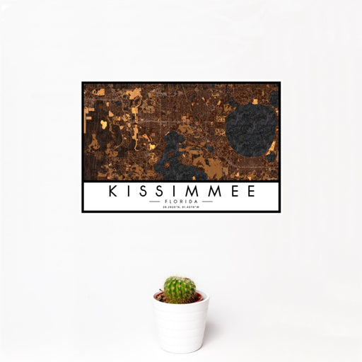 12x18 Kissimmee Florida Map Print Landscape Orientation in Ember Style With Small Cactus Plant in White Planter