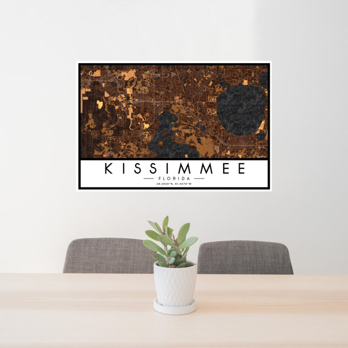 24x36 Kissimmee Florida Map Print Landscape Orientation in Ember Style Behind 2 Chairs Table and Potted Plant