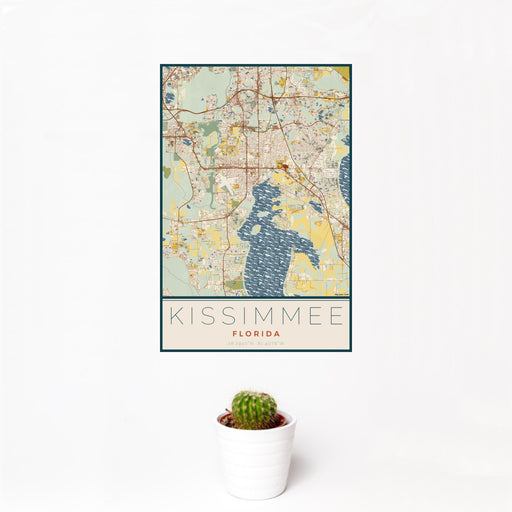 12x18 Kissimmee Florida Map Print Portrait Orientation in Woodblock Style With Small Cactus Plant in White Planter