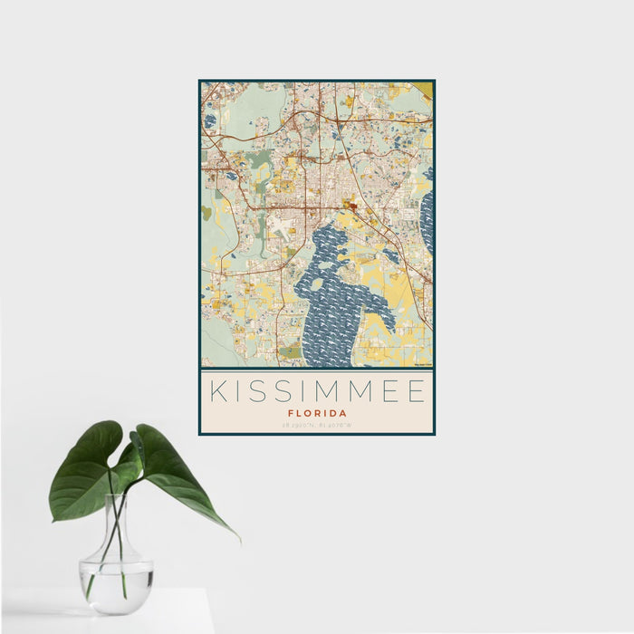 16x24 Kissimmee Florida Map Print Portrait Orientation in Woodblock Style With Tropical Plant Leaves in Water