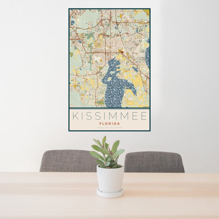 24x36 Kissimmee Florida Map Print Portrait Orientation in Woodblock Style Behind 2 Chairs Table and Potted Plant