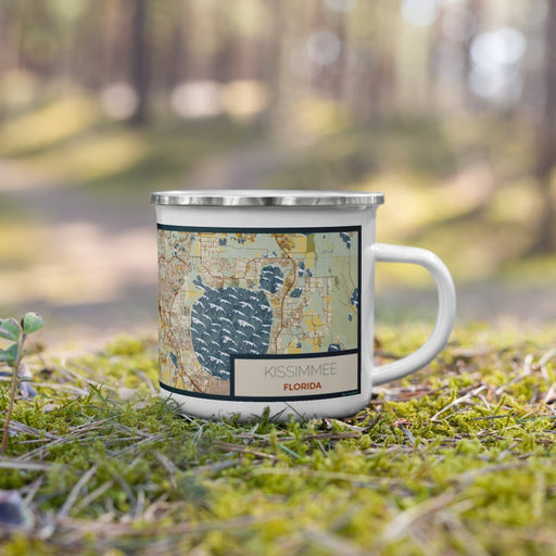 Right View Custom Kissimmee Florida Map Enamel Mug in Woodblock on Grass With Trees in Background