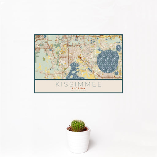 12x18 Kissimmee Florida Map Print Landscape Orientation in Woodblock Style With Small Cactus Plant in White Planter