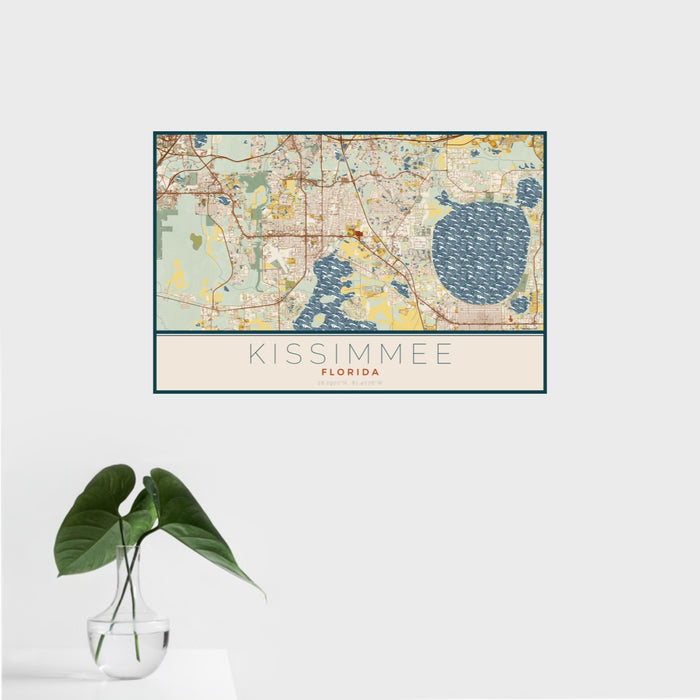 16x24 Kissimmee Florida Map Print Landscape Orientation in Woodblock Style With Tropical Plant Leaves in Water