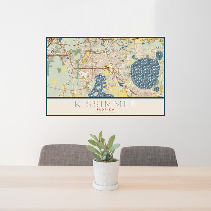 24x36 Kissimmee Florida Map Print Landscape Orientation in Woodblock Style Behind 2 Chairs Table and Potted Plant