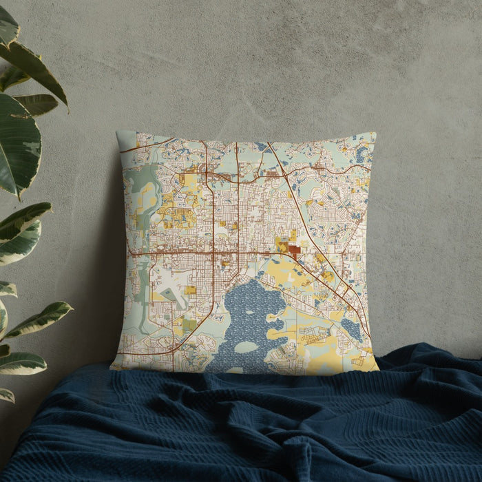 Custom Kissimmee Florida Map Throw Pillow in Woodblock on Bedding Against Wall