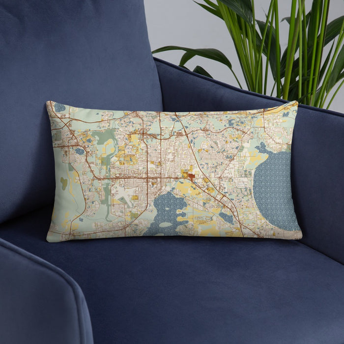 Custom Kissimmee Florida Map Throw Pillow in Woodblock on Blue Colored Chair