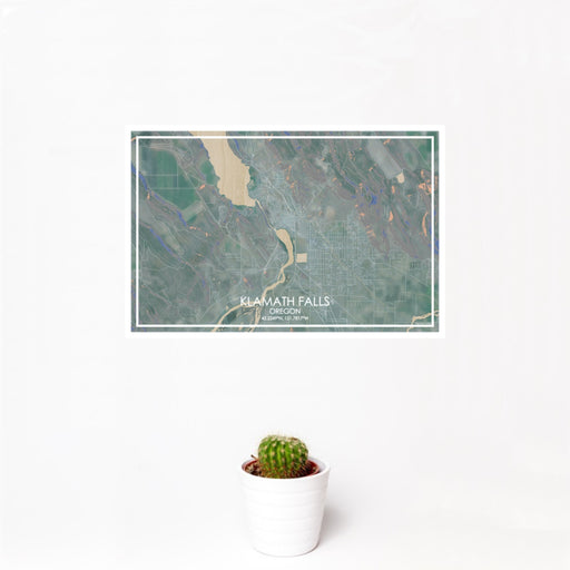 12x18 Klamath Falls Oregon Map Print Landscape Orientation in Afternoon Style With Small Cactus Plant in White Planter