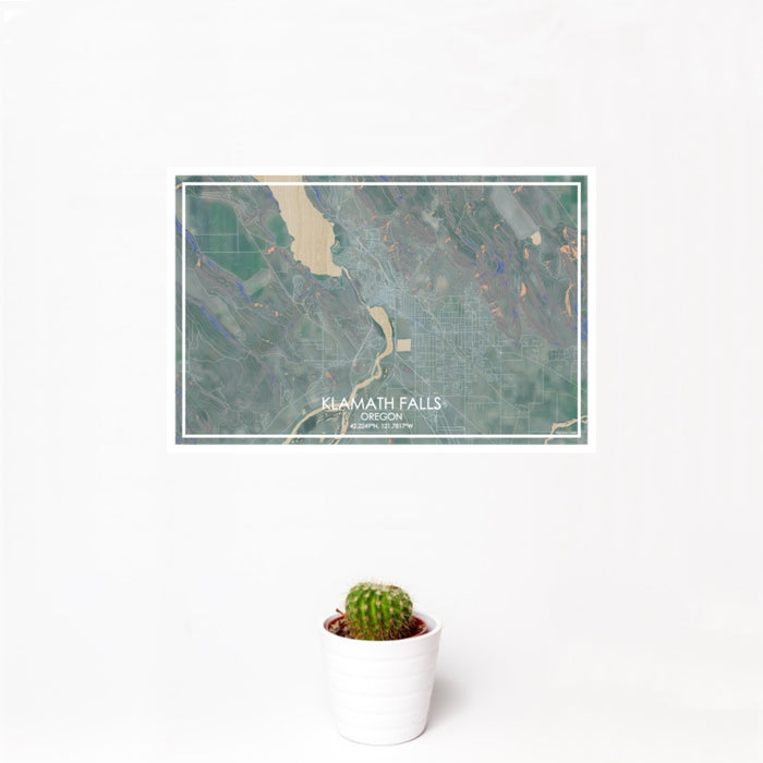 12x18 Klamath Falls Oregon Map Print Landscape Orientation in Afternoon Style With Small Cactus Plant in White Planter