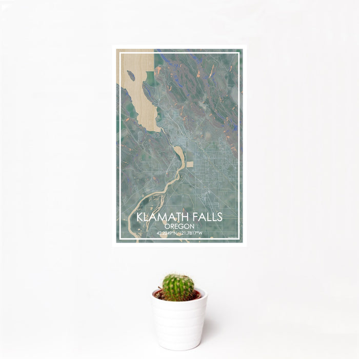 12x18 Klamath Falls Oregon Map Print Portrait Orientation in Afternoon Style With Small Cactus Plant in White Planter