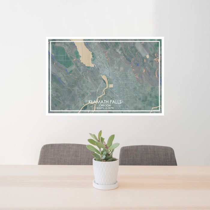 24x36 Klamath Falls Oregon Map Print Lanscape Orientation in Afternoon Style Behind 2 Chairs Table and Potted Plant