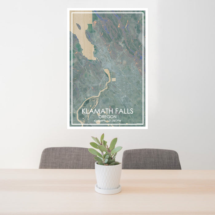 24x36 Klamath Falls Oregon Map Print Portrait Orientation in Afternoon Style Behind 2 Chairs Table and Potted Plant