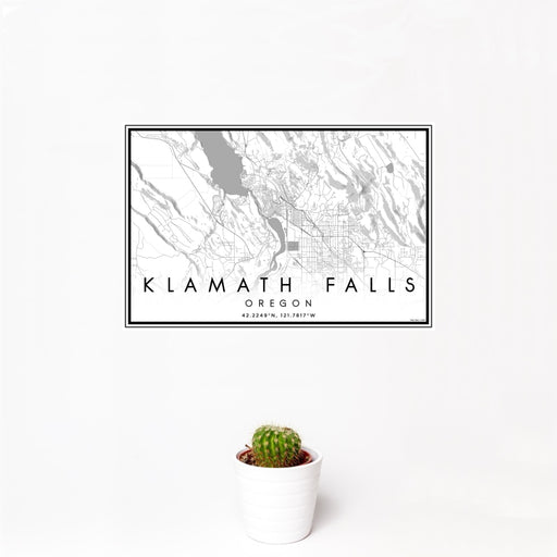 12x18 Klamath Falls Oregon Map Print Landscape Orientation in Classic Style With Small Cactus Plant in White Planter