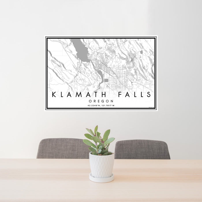 24x36 Klamath Falls Oregon Map Print Landscape Orientation in Classic Style Behind 2 Chairs Table and Potted Plant