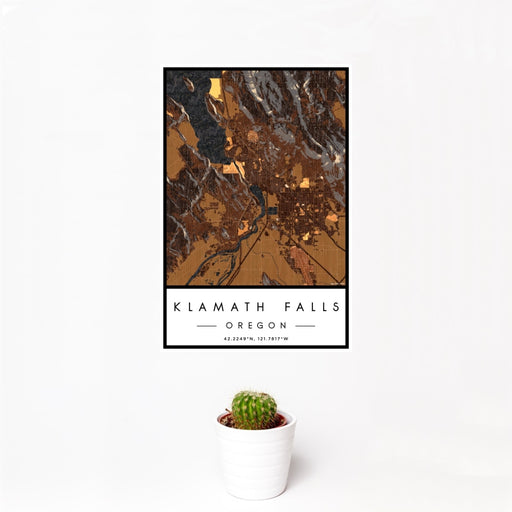 12x18 Klamath Falls Oregon Map Print Portrait Orientation in Ember Style With Small Cactus Plant in White Planter