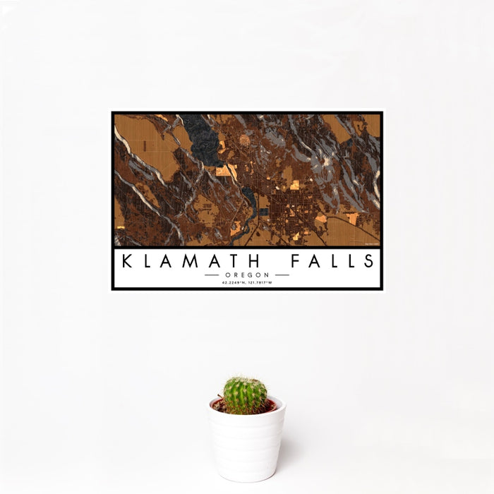 12x18 Klamath Falls Oregon Map Print Landscape Orientation in Ember Style With Small Cactus Plant in White Planter