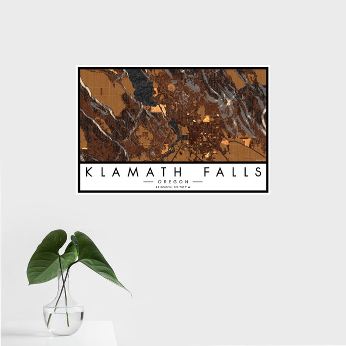16x24 Klamath Falls Oregon Map Print Landscape Orientation in Ember Style With Tropical Plant Leaves in Water